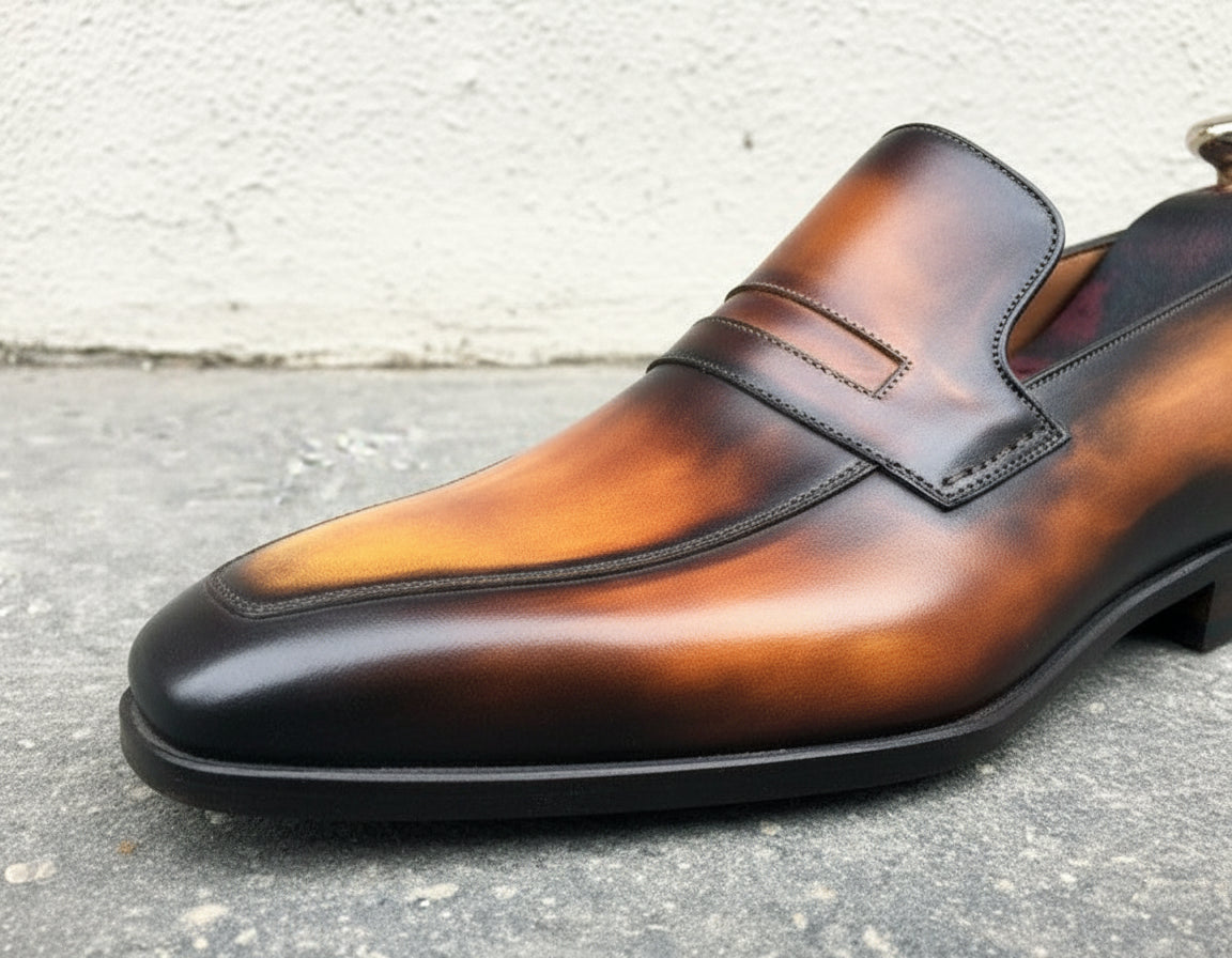 Handmade Men's Tan and Black Almond Toe Moccasin Dress Shoes, Real Leather - detail-view-showing-texture