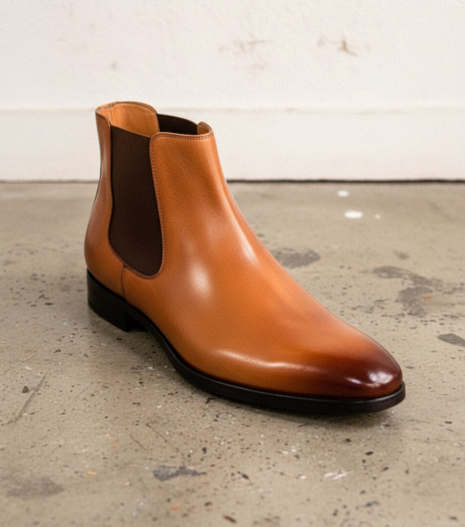 Handmade Mens Tan brown leather chelsea boots, Men ankle boots, Men boots - detail-view-showing-texture