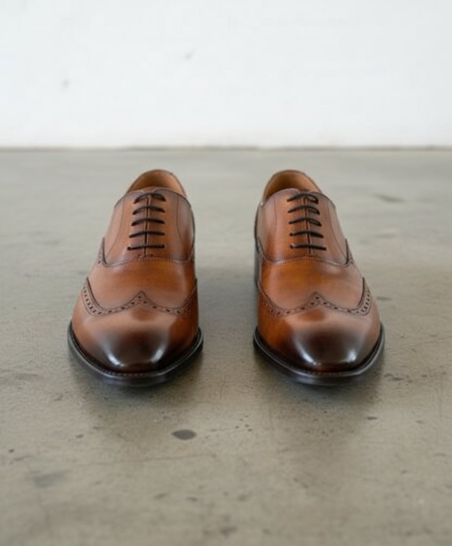 Handmade Mens Tan brown wingtip Leather Dress shoes, Men brogue formal shoe - front-view