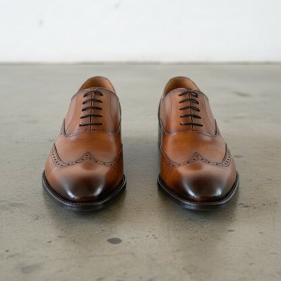 Handmade Mens Tan brown wingtip Leather Dress shoes, Men brogue formal shoe - front-view