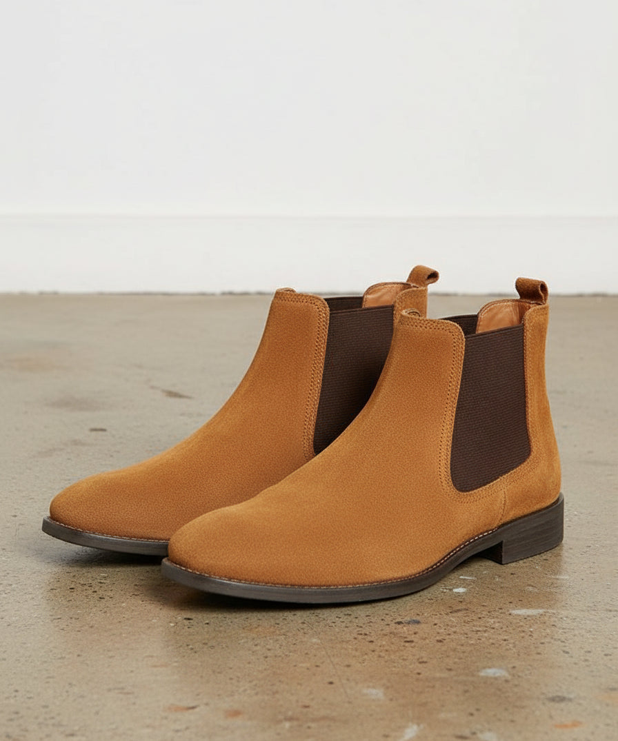 Handmade Mens Tan color Suede Chelsea boots, tan suede ankle boot - angle-view-showing-depth