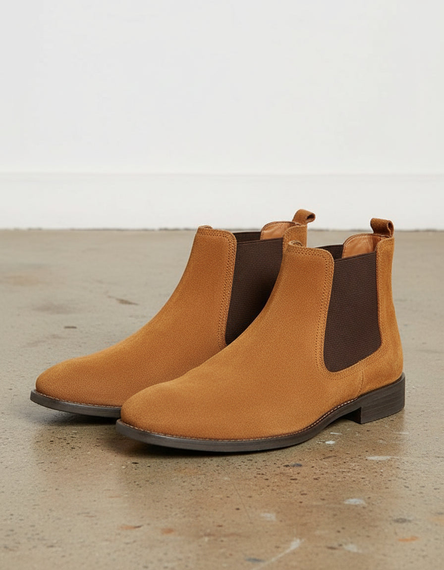 Handmade Mens Tan color Suede Chelsea boots, tan suede ankle boot - angle-view-showing-depth