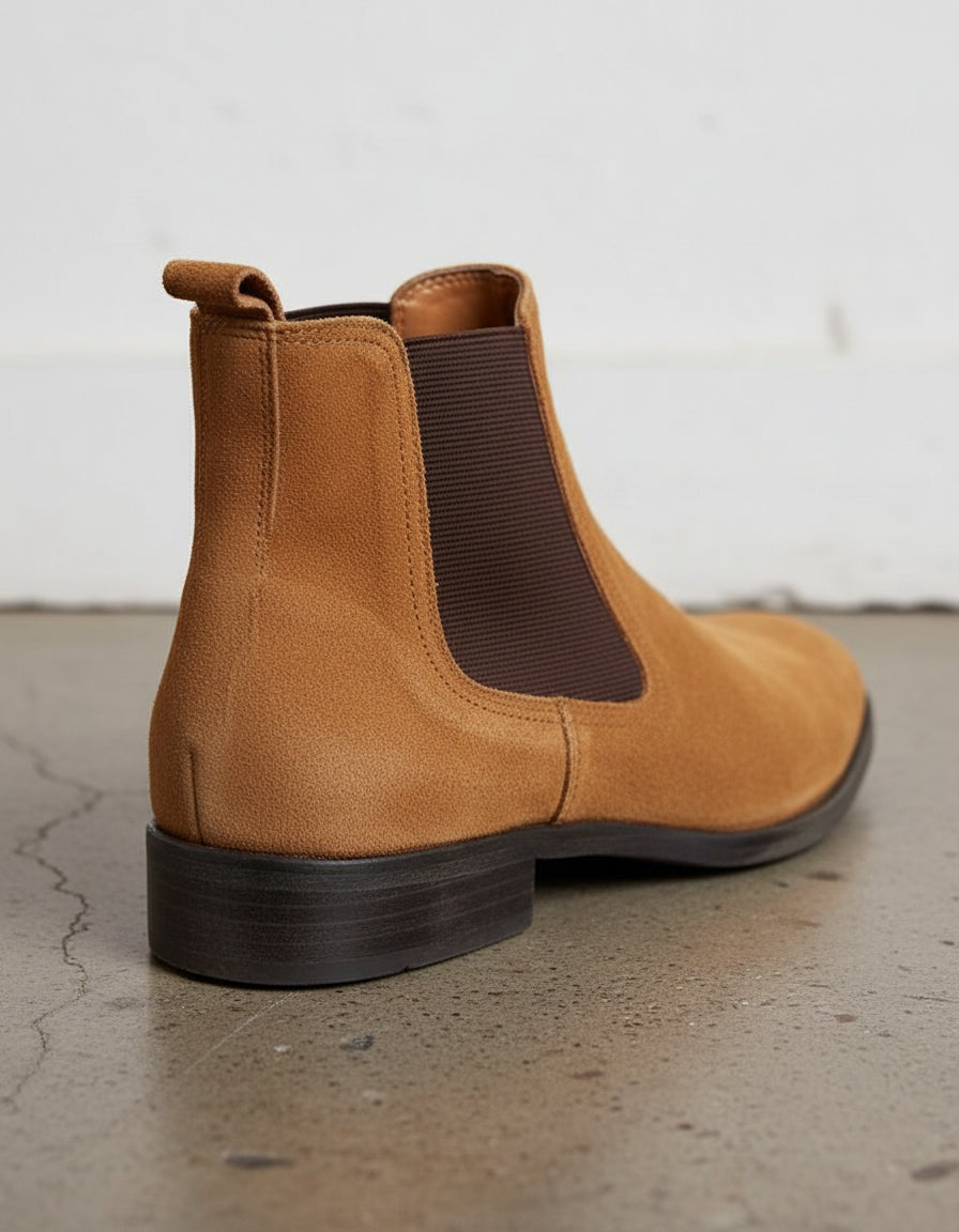 Handmade Mens Tan color Suede Chelsea boots, tan suede ankle boot - detail-view-showing-texture