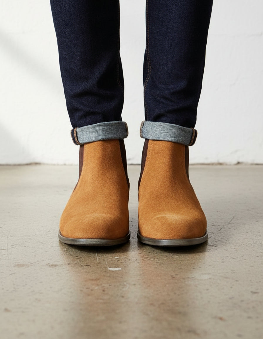Handmade Mens Tan color Suede Chelsea boots, tan suede ankle boot - front-view