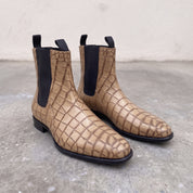 Handmade Men's Tan Crocodile Embossed Chelsea Boots — Hixon