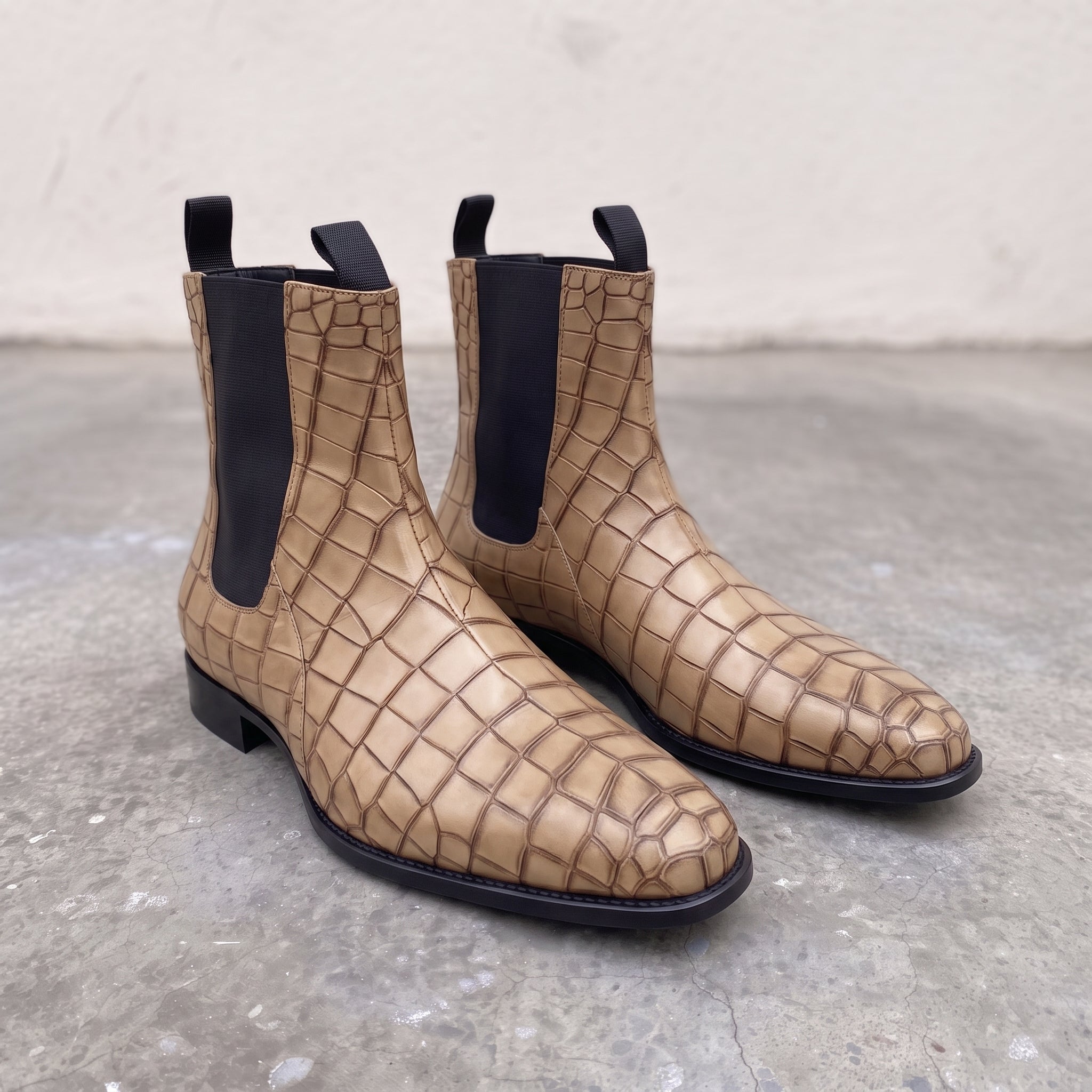 Handmade Men's Tan Crocodile Embossed Chelsea Boots — Hixon