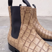 Handmade Men's Tan Crocodile Embossed Chelsea Boots — Hixon