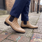 Handmade Men's Tan Crocodile Embossed Chelsea Boots — Hixon