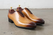 Handmade Mens tan lace up dress shoes, Men brown leather brogue shoes - angle-view-showing-depth