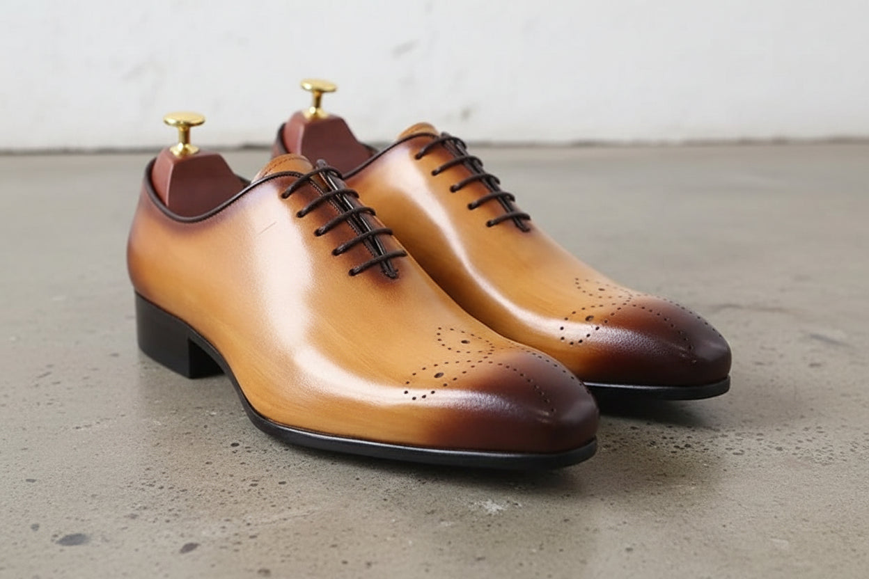 Handmade Mens tan lace up dress shoes, Men brown leather brogue shoes - angle-view-showing-depth