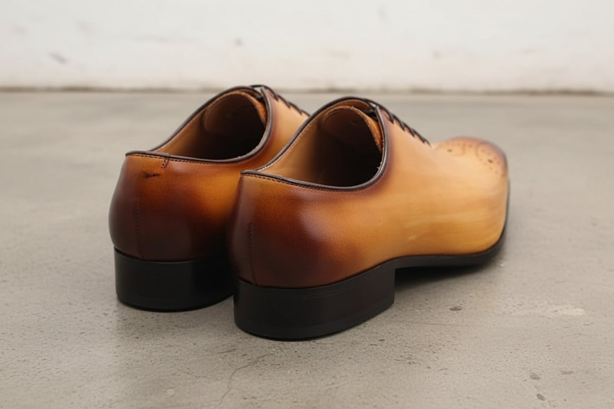 Handmade Mens tan lace up dress shoes, Men brown leather brogue shoes - back-view