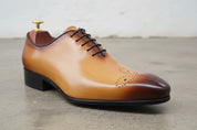 Handmade Mens tan lace up dress shoes, Men brown leather brogue shoes - detail-view-showing-texture
