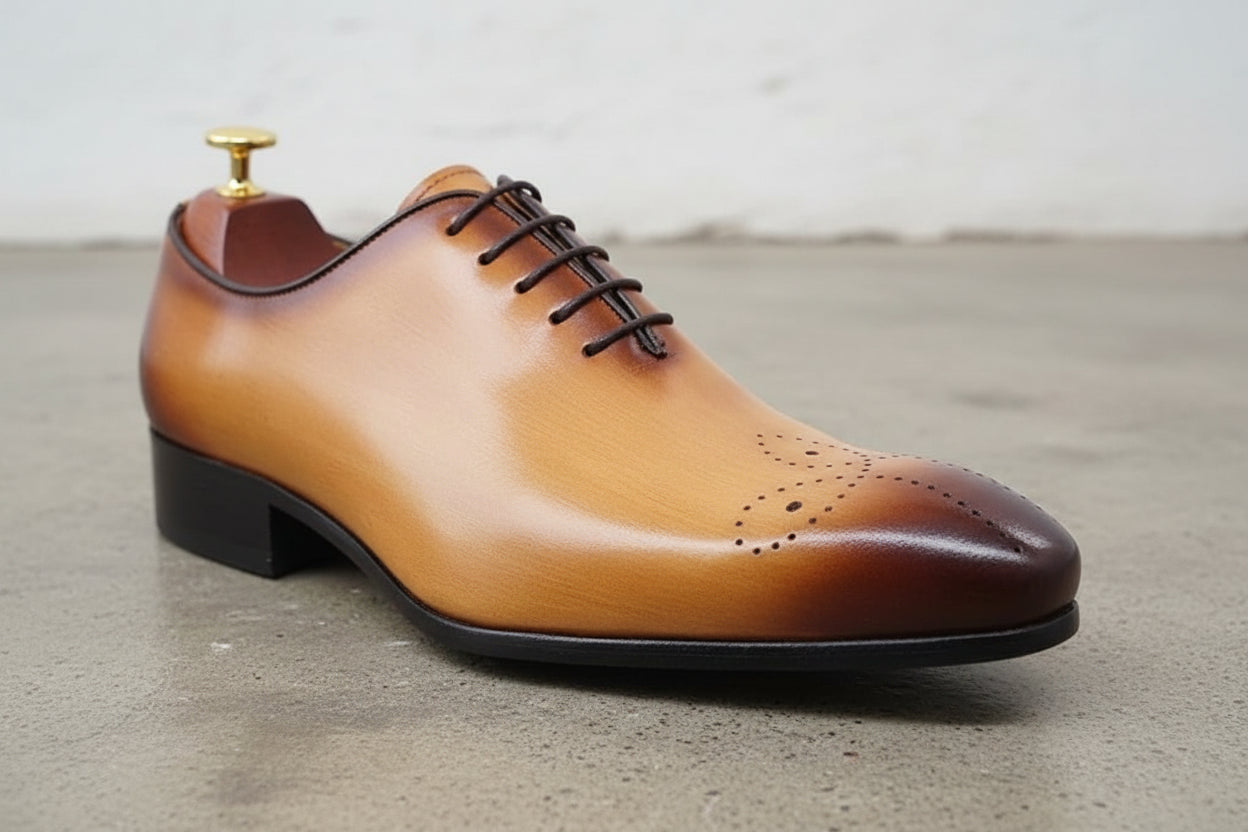 Handmade Mens tan lace up dress shoes, Men brown leather brogue shoes - detail-view-showing-texture