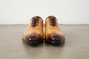 Handmade Mens tan lace up dress shoes, Men brown leather brogue shoes - front-view