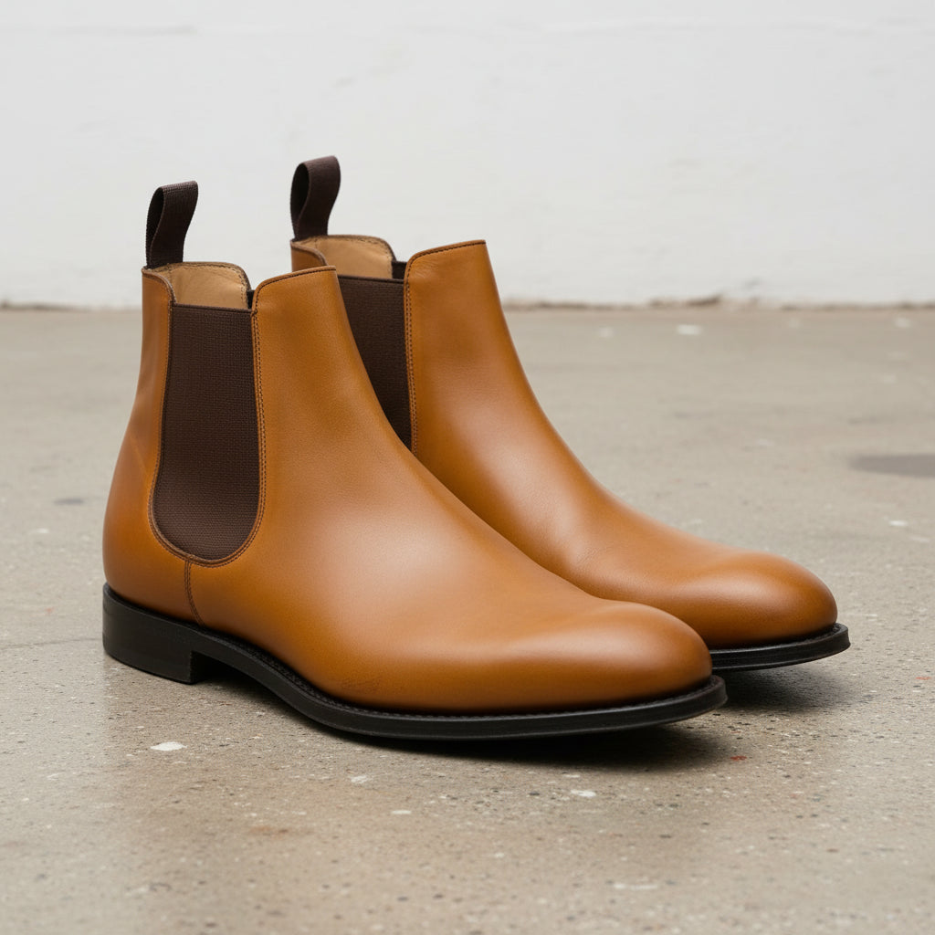 Handmade Mens Tan leather chelsea boots, Men dress boots, Mens english boot - angle-view-showing-depth