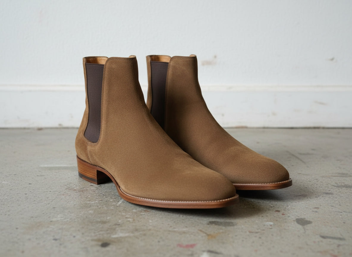 Handmade Mens tan suede chelsea boots, Men casual boot, Fashion style boots - angle-view-showing-depth