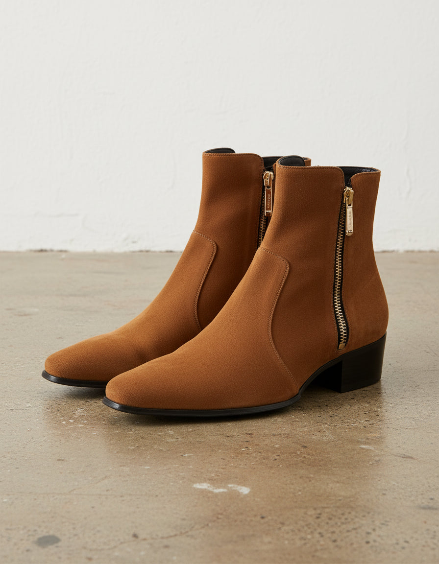 Handmade Mens Tan Suede side zip boots, Men Tan ankle boots - 3-4-right-view