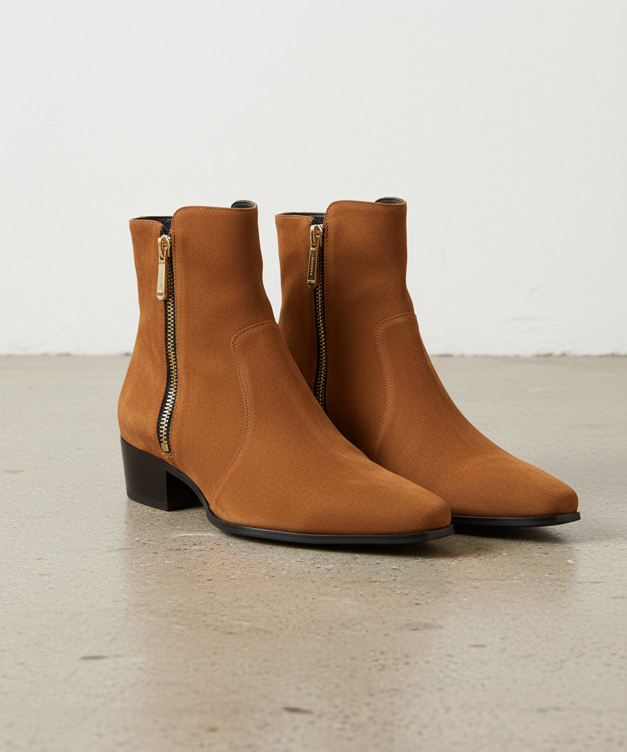 Handmade Mens Tan Suede side zip boots, Men Tan ankle boots - angle-view-showing-depth