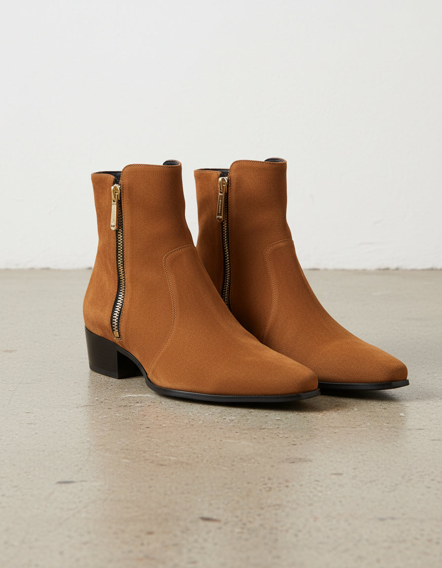 Handmade Mens Tan Suede side zip boots, Men Tan ankle boots - angle-view-showing-depth