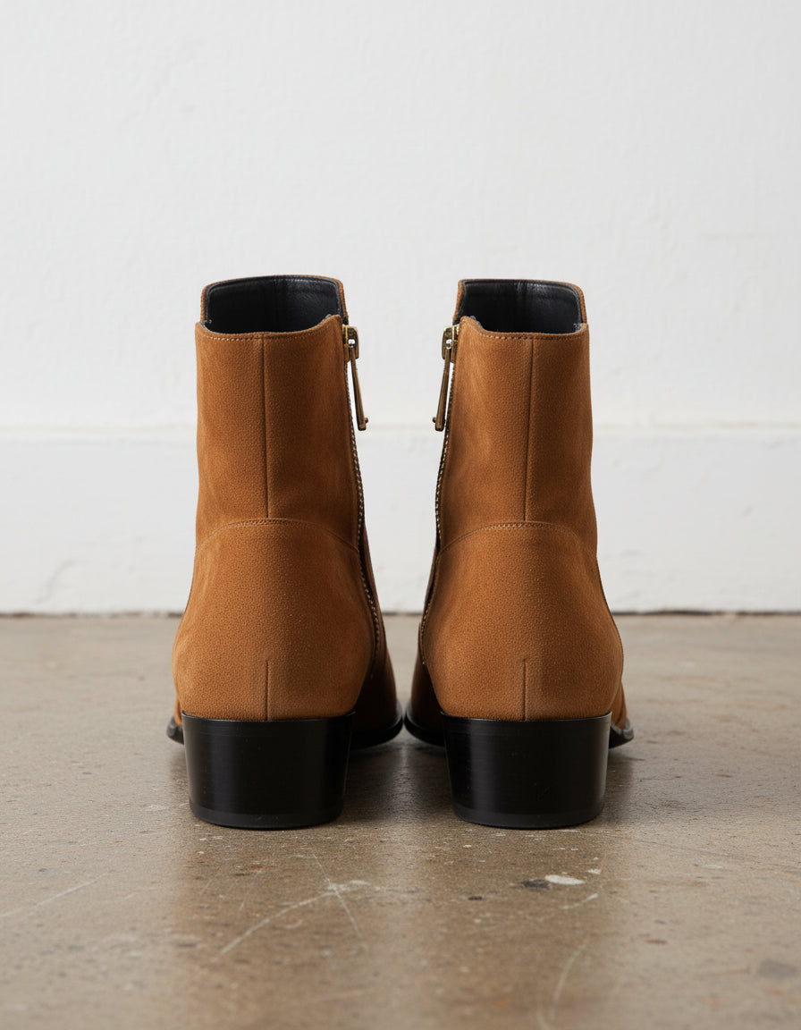 Handmade Mens Tan Suede side zip boots, Men Tan ankle boots - back-view