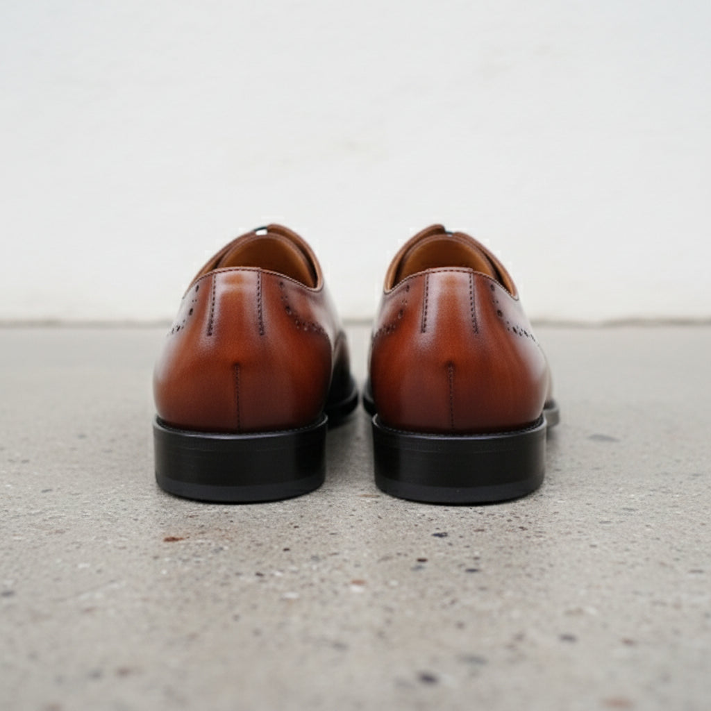 Handmade Mens tan wing tip brogue dress shoes, Men classic formal shoes - back-view