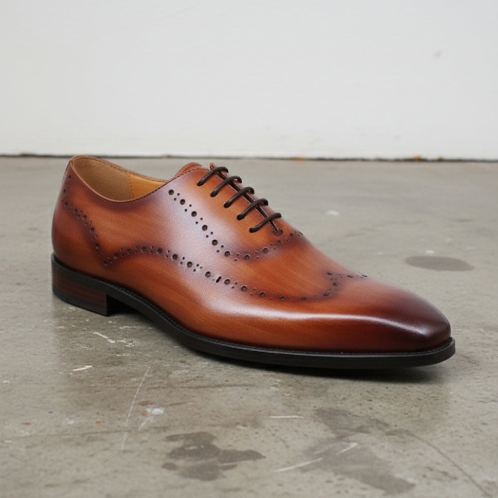 Handmade Mens tan wing tip brogue dress shoes, Men classic formal shoes - detail-view-showing-texture