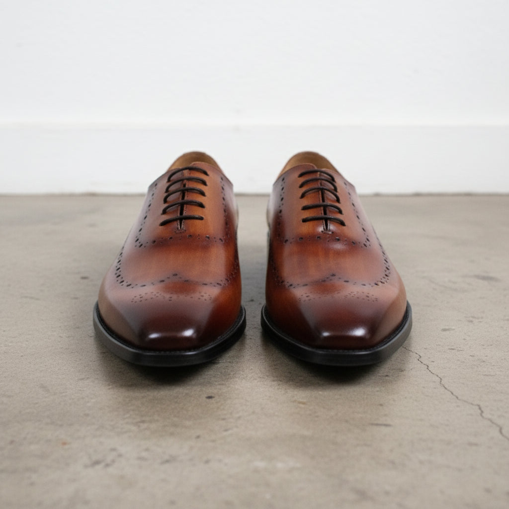 Handmade Mens tan wing tip brogue dress shoes, Men classic formal shoes - front-view