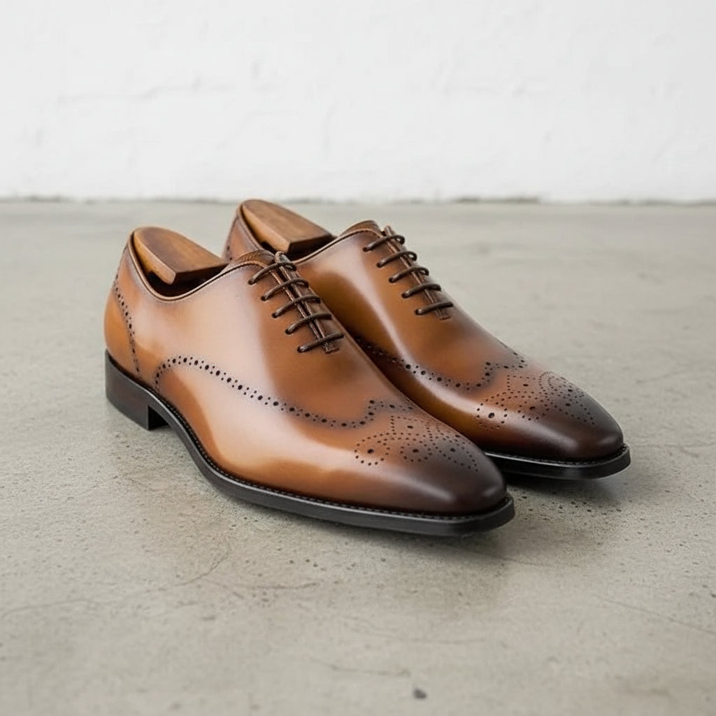 Handmade Mens tan wingtip lace up dress shoes, Men brown leather brogue sho - 3-4-right-view