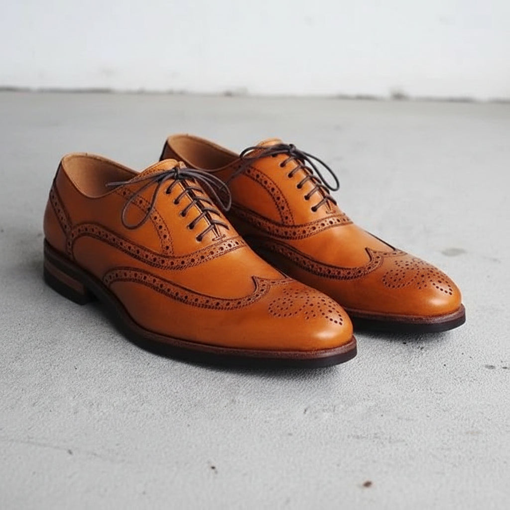 Handmade Mens tan wingtip lace up dress shoes, Men leather brogue shoes - angle-view-showing-depth