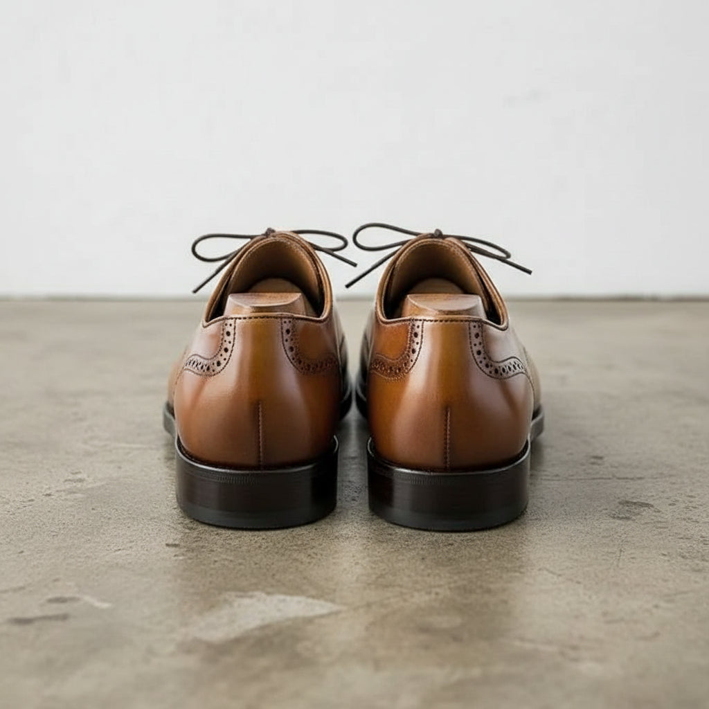 Handmade Mens tan wingtip lace up dress shoes, Men brown leather brogue sho - back-view