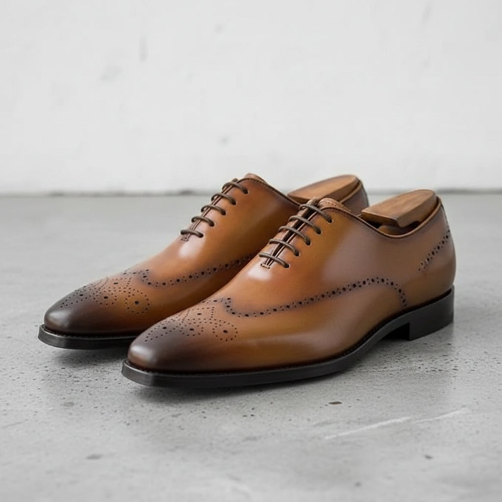 Handmade Mens tan wingtip lace up dress shoes, Men brown leather brogue sho - detail-view-showing-texture