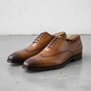 Handmade Mens tan wingtip lace up dress shoes, Men brown leather brogue sho - detail-view-showing-texture