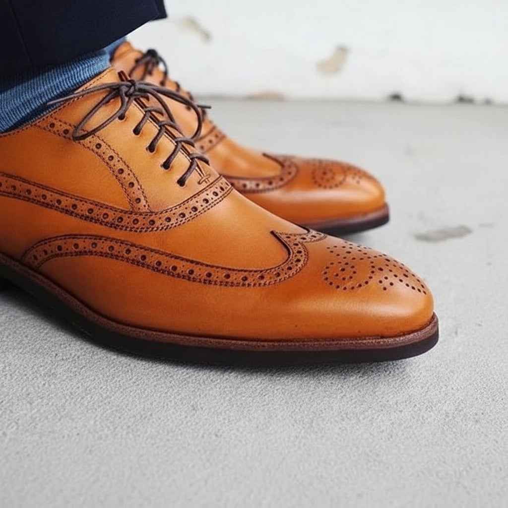 Handmade Mens tan wingtip lace up dress shoes, Men leather brogue shoes - detail-view-showing-texture