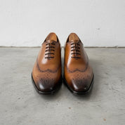 Handmade Mens tan wingtip lace up dress shoes, Men brown leather brogue sho - front-view