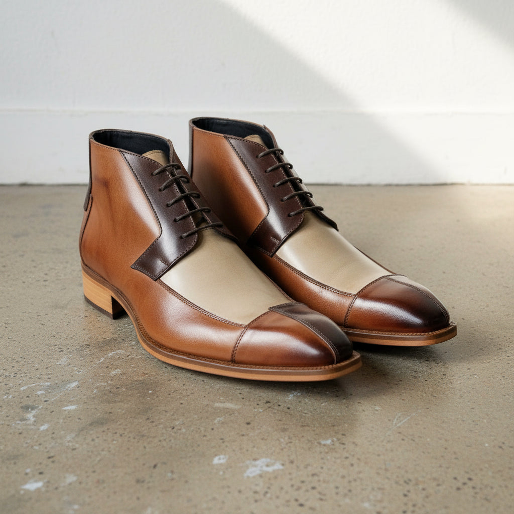 Handmade Mens Triple tone Chukka boots, Men Square toe Lace up dress boots. - angle-view-showing-depth