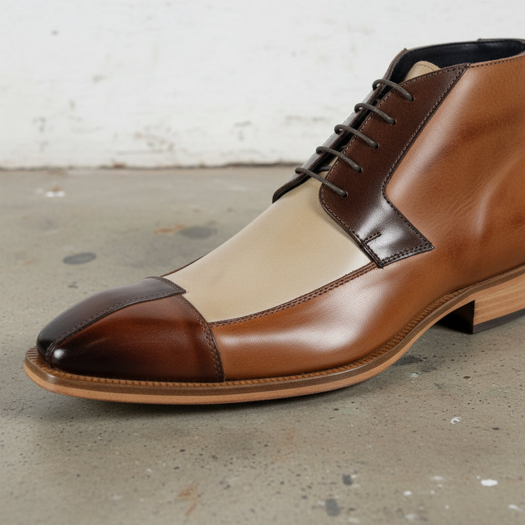 Handmade Mens Triple tone Chukka boots, Men Square toe Lace up dress boots. - detail-view-showing-texture