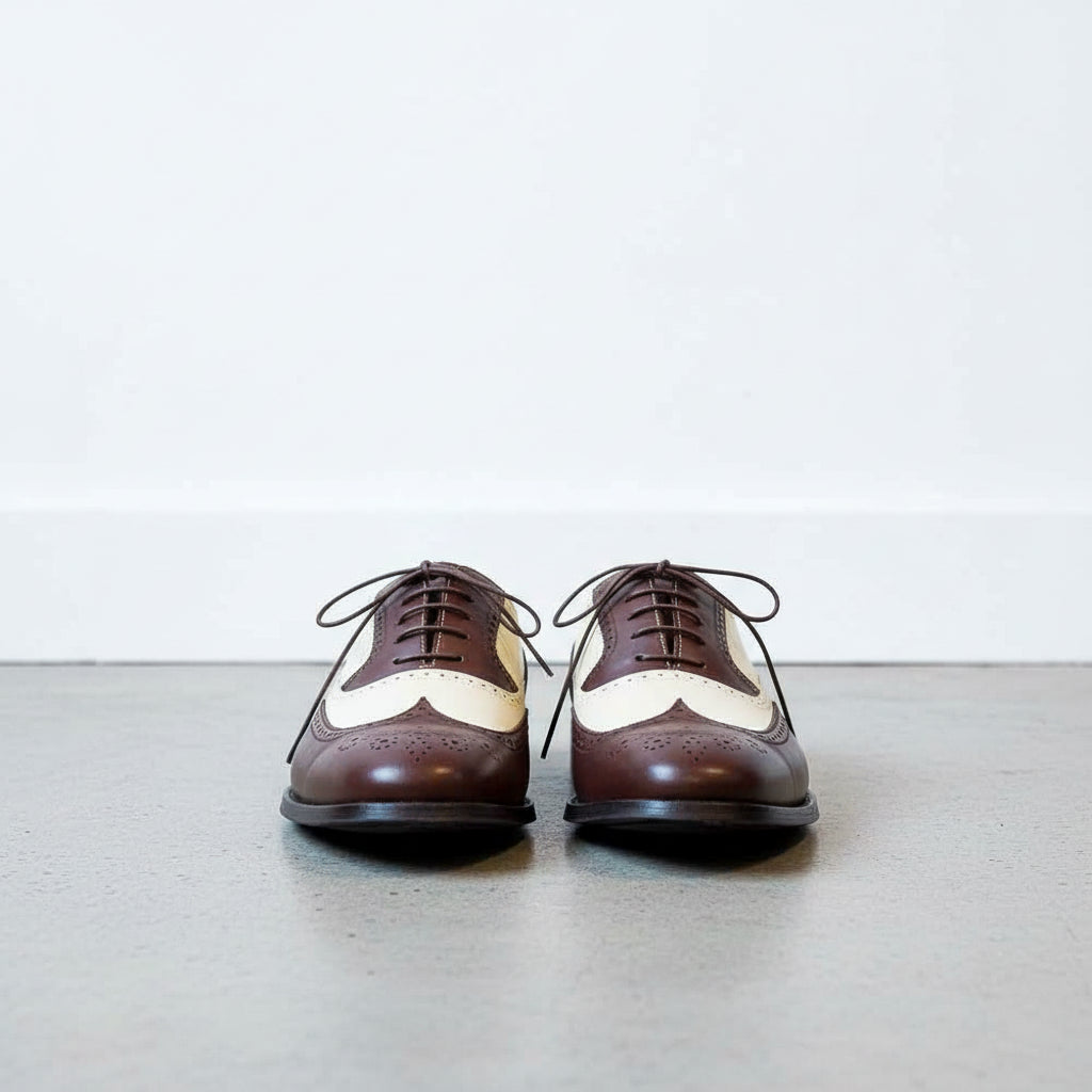 vintage men's dress shoes Men's Brown and Off-White Wingtip Leather Brogues - Wellesley US 6.5 / Brown / D