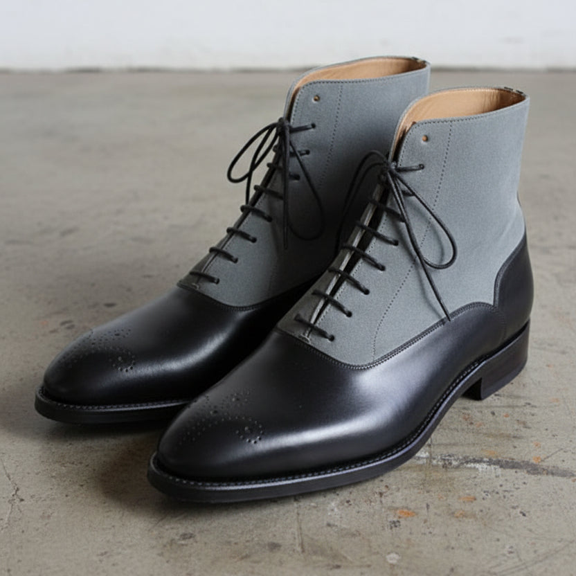 Handmade Men's Two Tone Chelsea Boots, Black And Gray Leather Boots, - angle-view-showing-depth