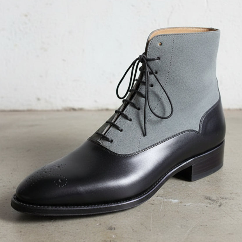 Handmade Men's Two Tone Chelsea Boots, Black And Gray Leather Boots, - detail-view-showing-texture