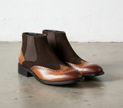 Handmade Mens Two tone Chelsea boots, Men Brown leather and Suede boots - angle-view-showing-depth - angle-view-showing-depth