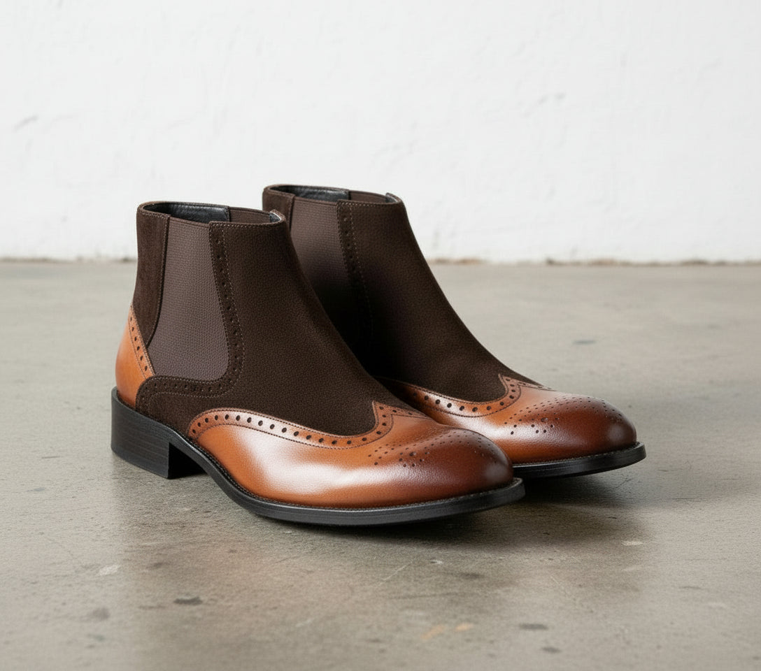 Handmade Mens Two tone Chelsea boots, Men Brown leather and Suede boots - angle-view-showing-depth - angle-view-showing-depth