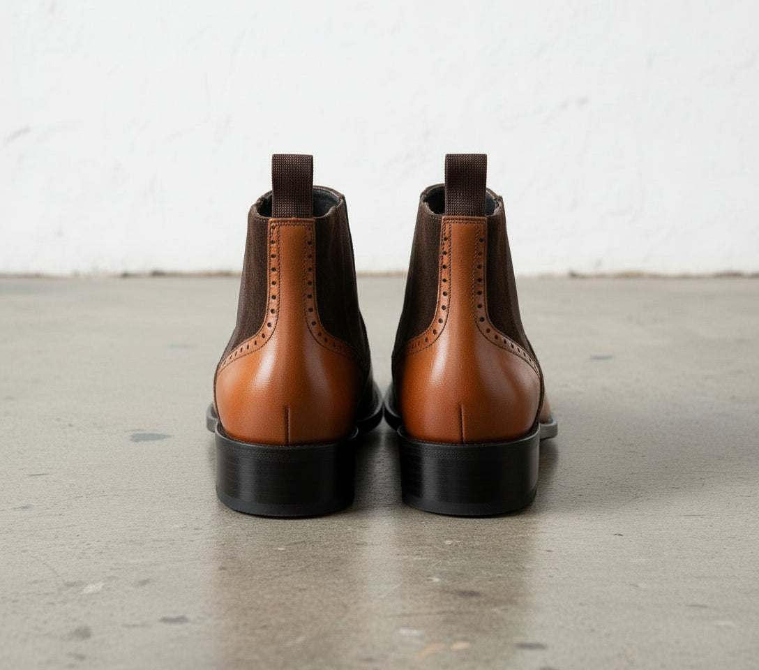 Handmade Mens Two tone Chelsea boots, Men Brown leather and Suede boots - angle-view-showing-depth - back-view