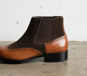 Handmade Mens Two tone Chelsea boots, Men Brown leather and Suede boots - angle-view-showing-depth - detail-view-showing-texture