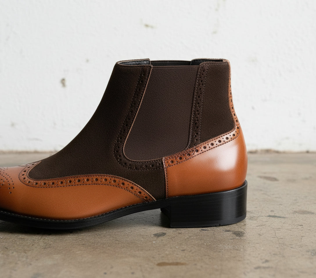 Handmade Mens Two tone Chelsea boots, Men Brown leather and Suede boots - angle-view-showing-depth - detail-view-showing-texture