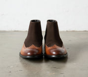Handmade Mens Two tone Chelsea boots, Men Brown leather and Suede boots - angle-view-showing-depth - front-view