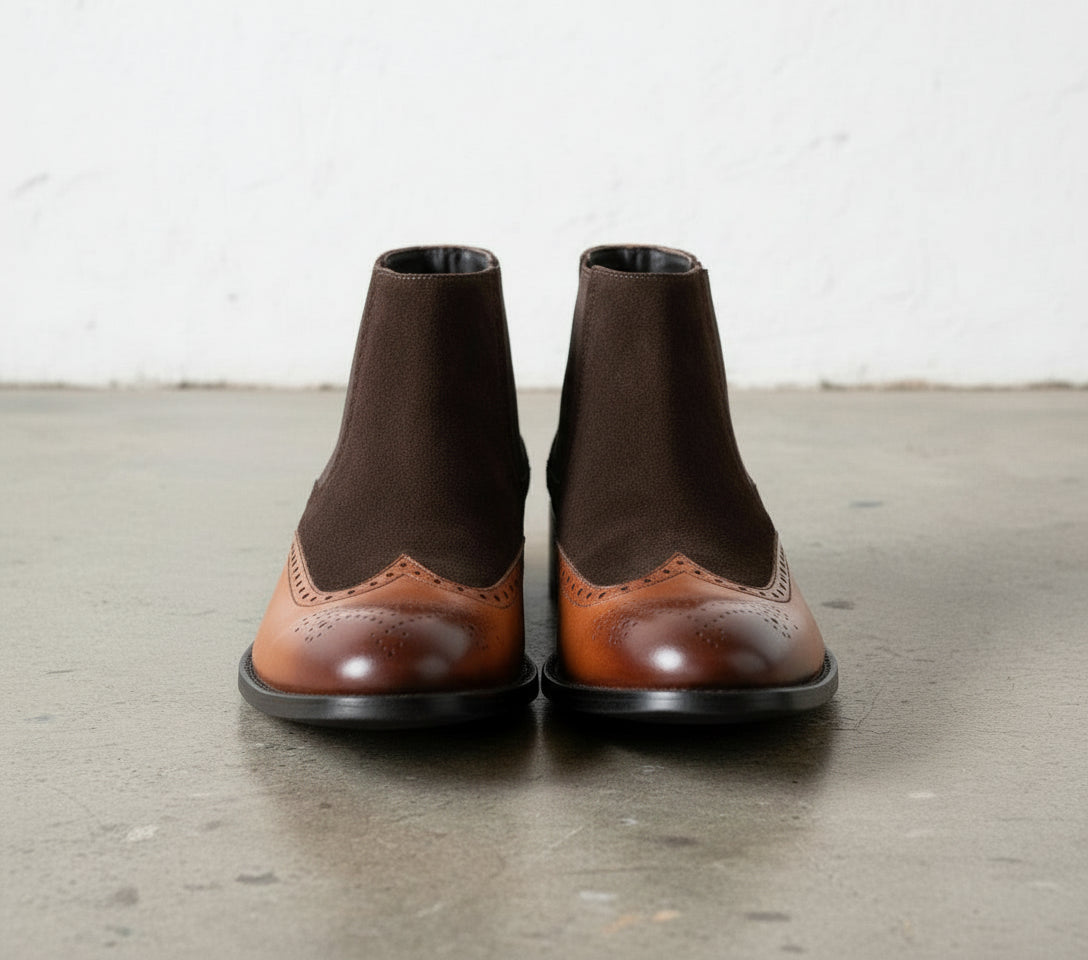 Handmade Mens Two tone Chelsea boots, Men Brown leather and Suede boots - angle-view-showing-depth - front-view