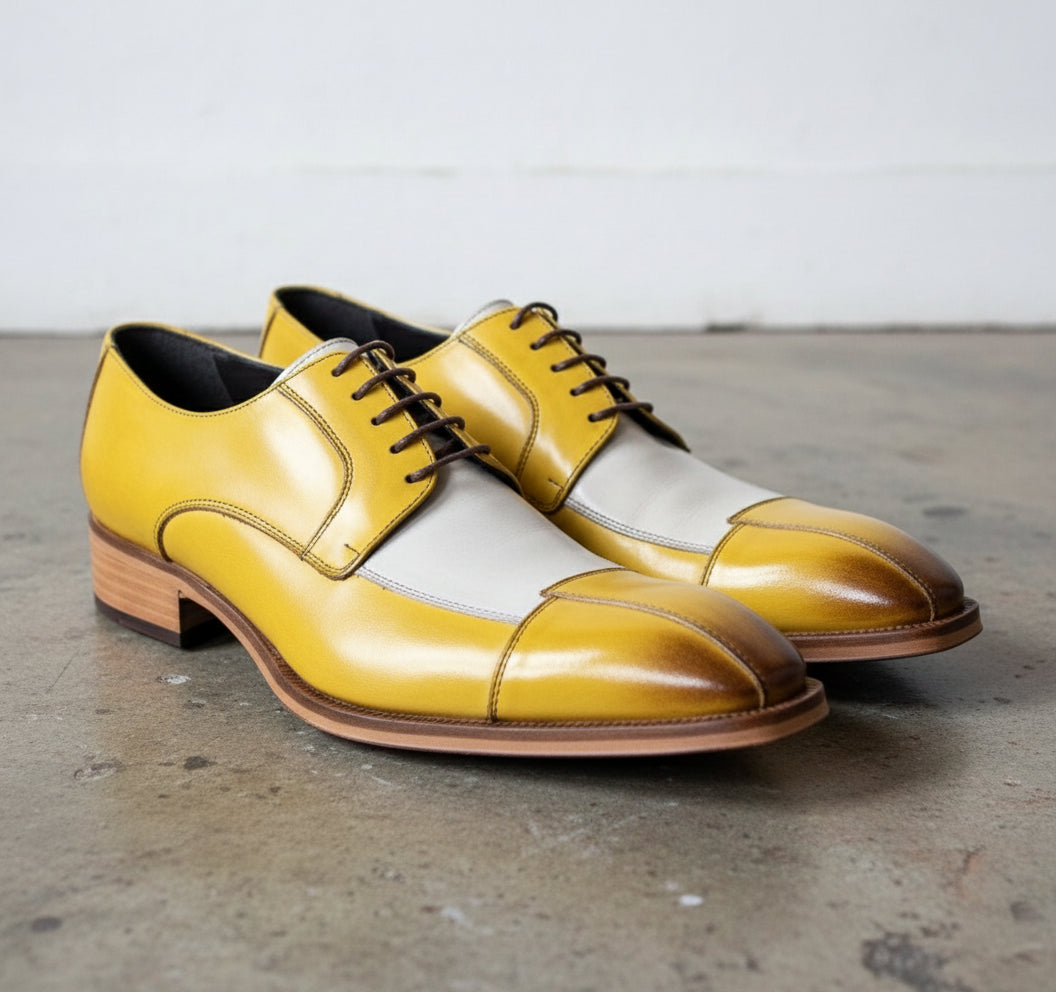 Handmade Mens Two tone Derby dress shoes, Men leather formal derby shoes - angle-view-showing-depth