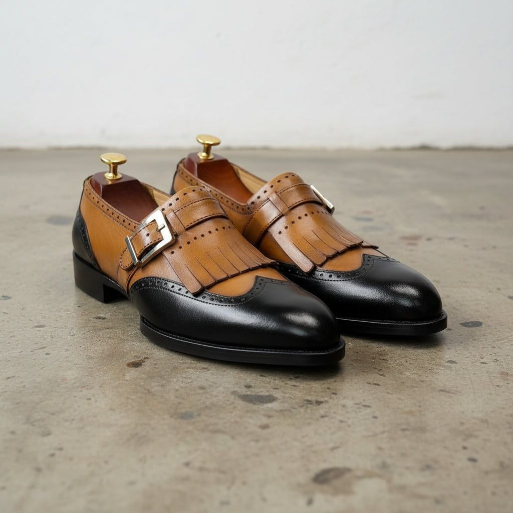 Handmade Mens Two tone Dress shoes, Men Brown and black fringe shoes - angle-view-showing-depth