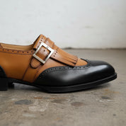 Handmade Mens Two tone Dress shoes, Men Brown and black fringe shoes - detail-view-showing-texture