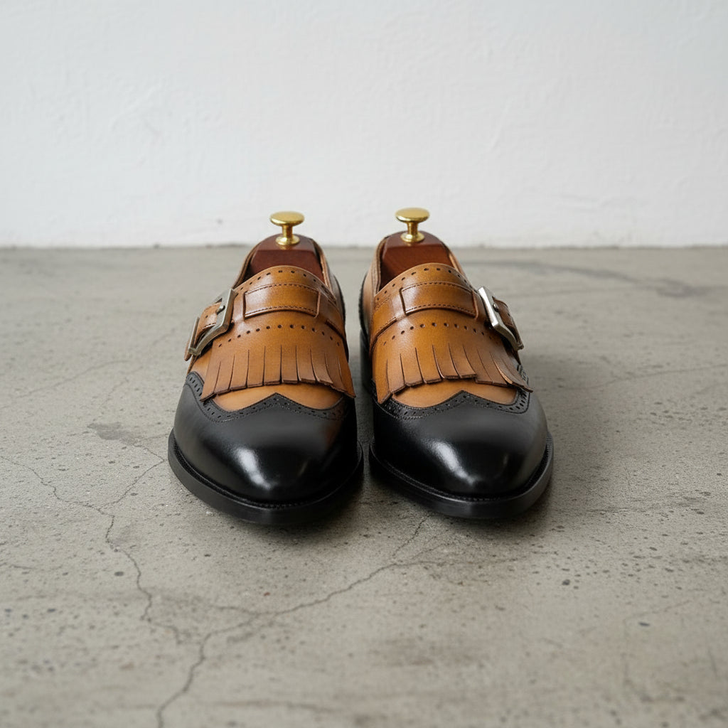 Handmade Mens Two tone Dress shoes, Men Brown and black fringe shoes - front-view